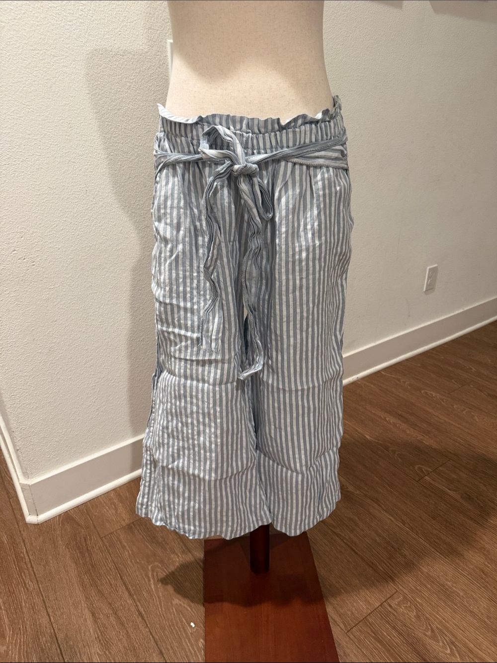 Striped Blue and White Tie-Waist Midi Skirt
